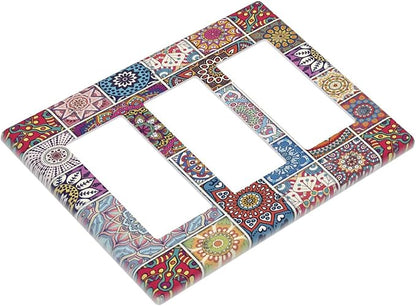 Morocco Talavera Mexican Tiles Printed Colroful Mandala 3 Gang Rocker Light Switch Covers Triple Outlet Wall Plate Decorative Switchplate Cover Faceplate GFCI for Kitchen Bathroom Bedroom Decor