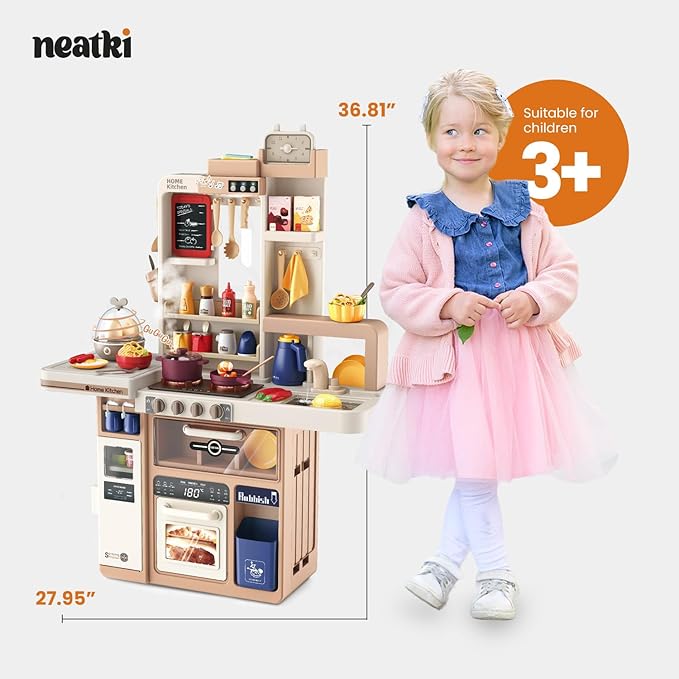 72-Piece Kids Play Kitchen Set: 27.16 x 10.62 x 36.61 Inches, Interactive Features, Realistic Design, and Educational Fun for Ages 3 and Up (Light Brown 72)