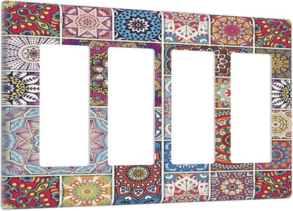 Morocco Talavera Mexican Tiles Printed Colroful Mandala 4 Gang Rocker Decora Light Switch Cover Outlet Covers Wall Plate Decorative Switchplate Electrical Faceplate GFCI for Kitchen Bathroom Decor