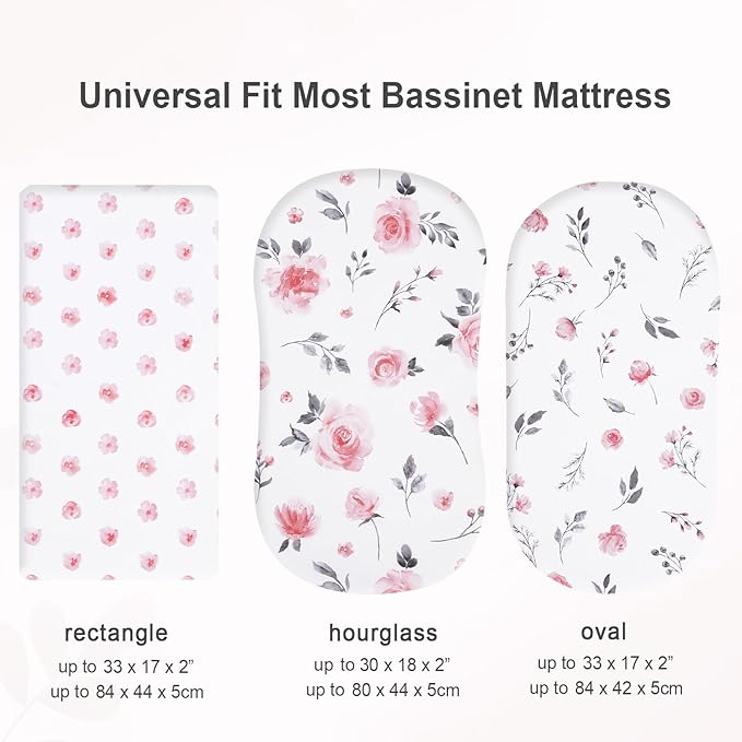 3 Pack Bassinet Sheets, Ultra Soft Breathable Comfortable Baby Sheet Set for Boys Girls Neutral, Univeral Fit for Most Cradle and Bassinet Mattress, Floral Flowers