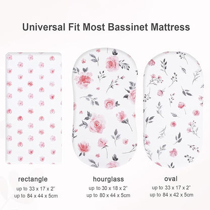 3 Pack Bassinet Sheets, Ultra Soft Breathable Comfortable Baby Sheet Set for Boys Girls Neutral, Univeral Fit for Most Cradle and Bassinet Mattress, Floral Flowers