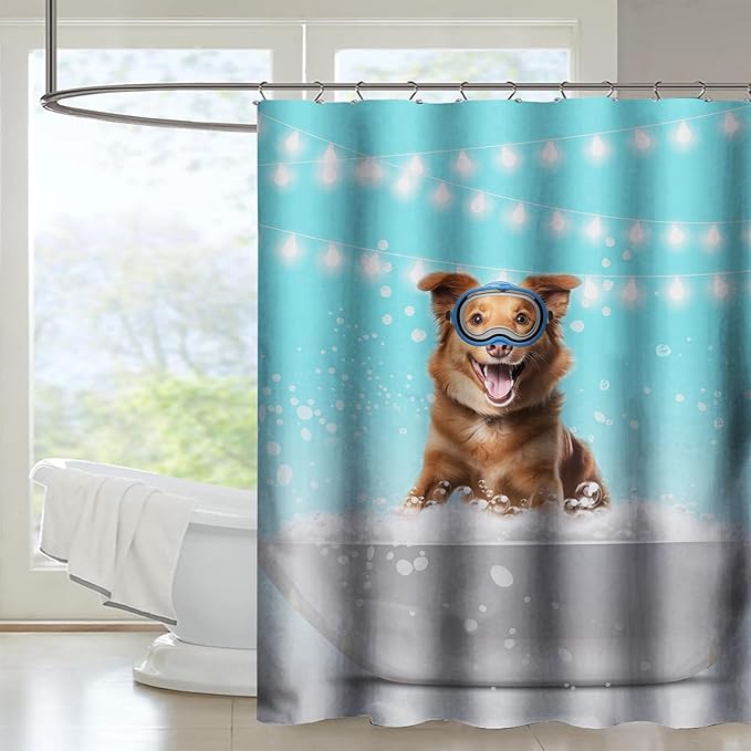 AILONEN 3D Bathtub Dog Shower Curtain for Kids 60" W*72" H Inch,Kawaii Diving Dog Sitting in a Bathtub Shower Curtain,12 Pack Hooks Polyester Waterproof Fabric Decor for Bathroom Bathtub Panels