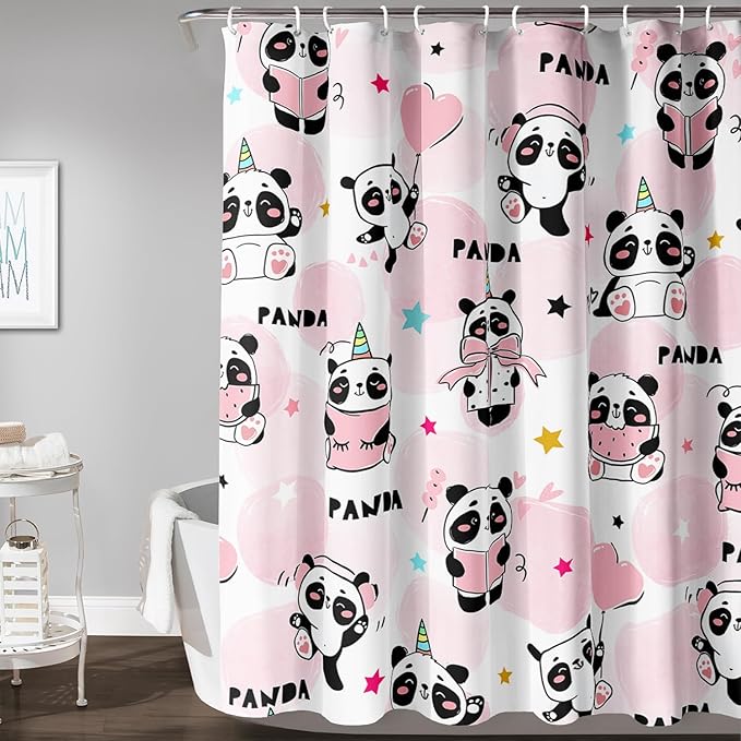 AILONEN Panda Shower Curtain for Bathroom, Cute Kawaii Panda Kids Bathroom Curtain,Pink Cartoon Bath Curtain 72" W*78" H Polyester Waterproof Bathroom Curtain with 12 Hooks