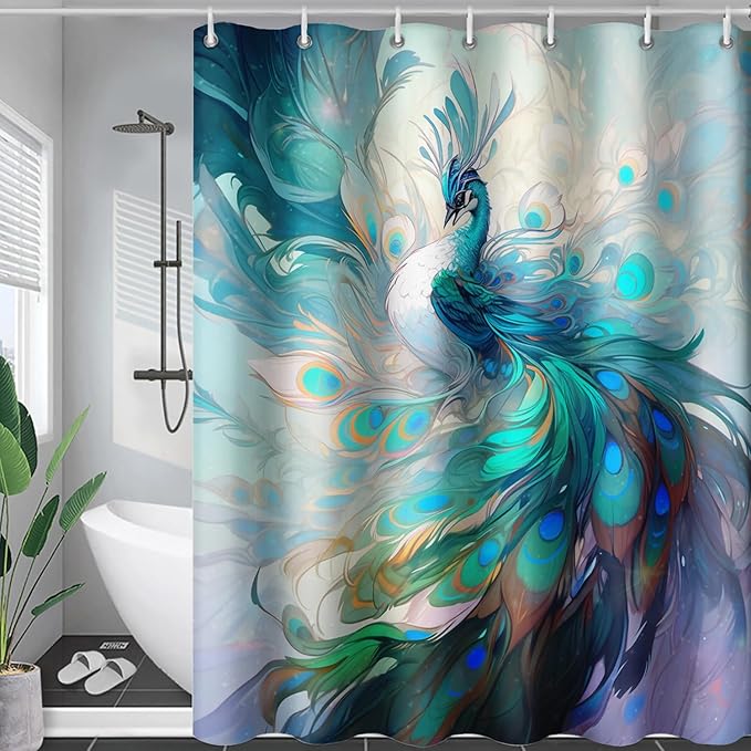 AILONEN Peacock Shower Curtain, Green Bird Shower Curtain for Bathroom Decor,Beautiful Bird Peacock Bath Curtain for Girls Women Fresh Nature Waterproof Curtains Sets 72" W*96" H