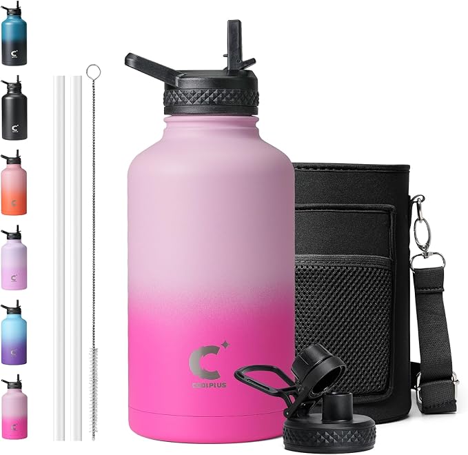64oz Insulated Water Bottle, Coolplus Half Gallon Water Jug With Straw Stainless Steel Double-Walled Vacuum Metal Large Flask With Carry Sleeve Bpa-Free Leakproof, Keep Cold 48 Hrs, Pink