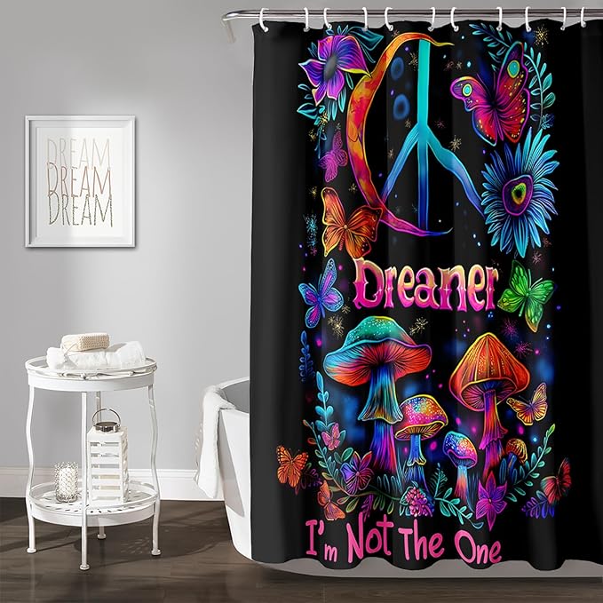 AILONEN Mushroom Shower Curtain for Bathroom,Butterfly Flower Design,Polyester Fabric,Waterproof,Blue Purple Fungus Plants Black Bath Curtains Washable,with 12 Plastic Hooks, 72" W x 72" H