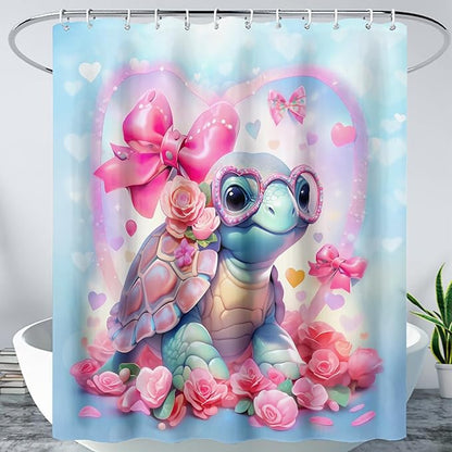 AILONEN Cute Sea Turtle Shower Curtain for Bathroom,Kawaii Turtle Pink Flower Print Bath Curtain 72" W*72" H,Girls Women Modern Decorative Waterproof Curtain with 12 Plastic Hooks
