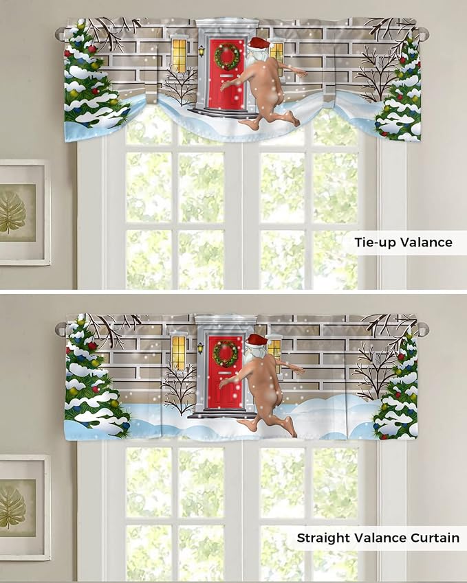 Christmas Farmhouse Blackout Tie Up Valance Curtains for Kitchen Windows Funny Santa Claus Window Toppers Balloon Shades for Living Room/Bathroom/Bedroom,1 Panel,42" X 12" Holly Xmas Tree