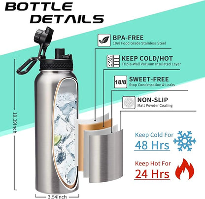 40oz Stainless Steel Water Bottle - Wide Mouth Vacuum Insulated Metal Water Bottle with Straw Lid & Paracord Handle, Sweat-Proof Water Flask Thermo Metal Mug with Strap for Gym Camping Hiking
