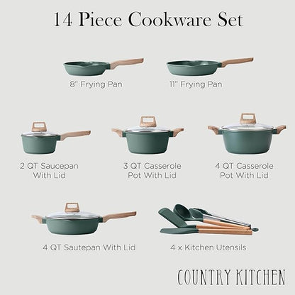 Country Kitchen Pots and Pans Set Nonstick, Cast Aluminum Kitchen Cookware Set with Utensils, 14 Pcs Non Stick Cooking Set w/Frying Pans & Saucepans