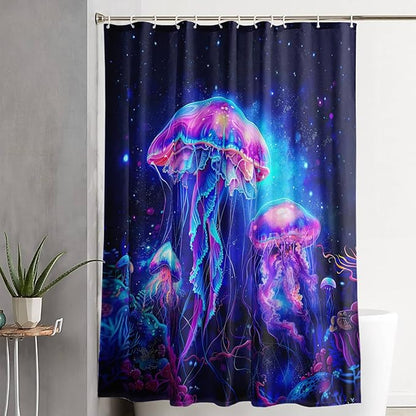 AILONEN Jellyfish Shower Curtain,Cartoon Magic Jellyfish Waterproof Fabric Shower Curtain Set for Bathroom,Boho Style Starry Night Coral Bath Curtain with Hooks for Kids Girls, 36" W*72" H