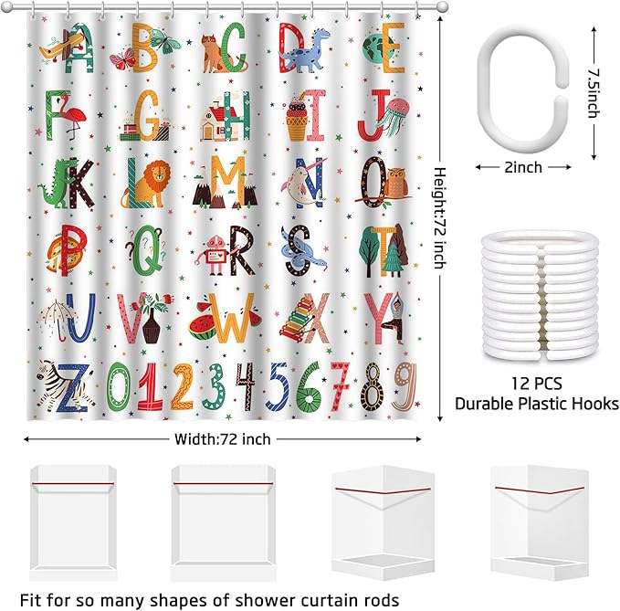 Aperturee Alphabet ABC Learning Shower Curtain for Kids Bathroom Animals Kids ABC Figure Educational Tool Cartoon Animals Girls Boys Colorful Decorative Bath Curtain with 12 Hooks,72x72 Inch