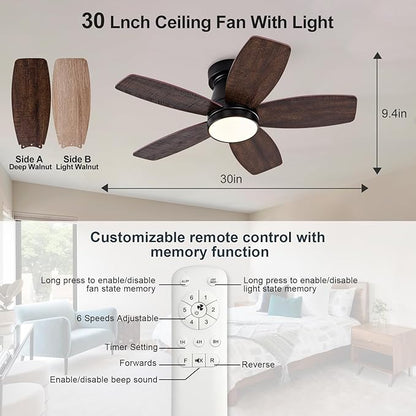 30 inch Ceiling Fans with Lights and Remote,Flush Mount Black Ceiling Fan,Memory Fuction Reversible Quiet DC Motor Low Profile Ceiling Fans For Living Room Bedroom Indoor Outdoor(Black Walnut)