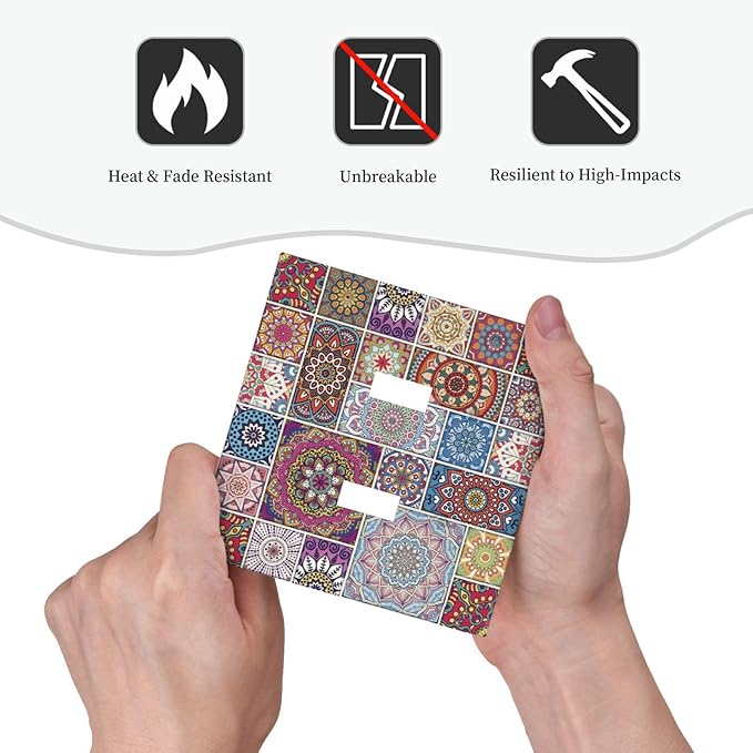 Morocco Talavera Mexican Tiles Printed Colroful Mandala Double Toggle Light Switch Covers 2 Gang Wall Plate Dual Decorative Switchplate Electrical Faceplate for Kitchen Bathroom Bedroom Decor