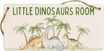 Dino Adventure Plywood Hanging Sign - Full Colour Kids Room Décor - Reads 'Little Dinosaurs Room' - Cute Dinosaur Theme Nursery & Door Sign, Silver