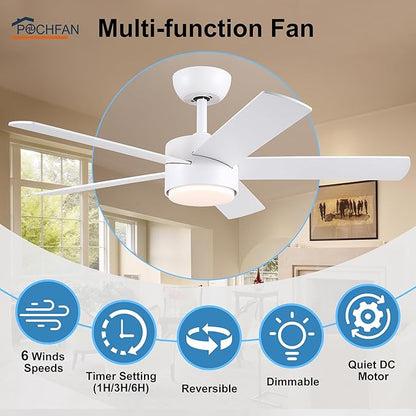 42 inch White Ceiling Fan with Lights and Remote Control, Dimmable Ceiling Fans with Lights,3-Color, Quiet Reversible 6-Speed, Wood Modern Ceiling Fan for Bedroom, Living Room, Dining Room