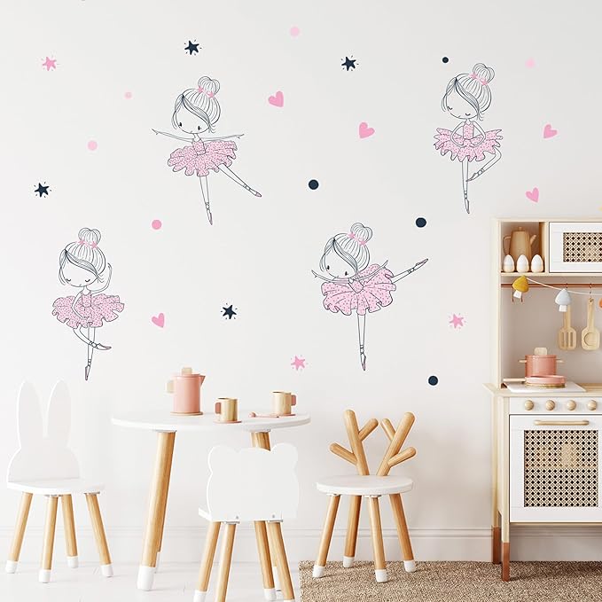 4 Cute Ballerina Ballet Dancers Wall Decals for Girls Bedroom Large Removable Wall Stickers for Classroom Pink and Black Wall Murals Peel and Stick Vinyl Kids Room Decor for Living Room Nursery