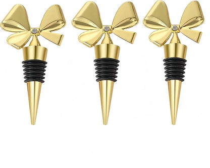 3 Pack Bowknot Wine Bottle Stoppers, Holiday Decor - zinc alloy Decorative Wine Stoppers - Wine Gift for Hostess - Cute Wine and Beverage Corker Bottle Sealers Women's Day gifts