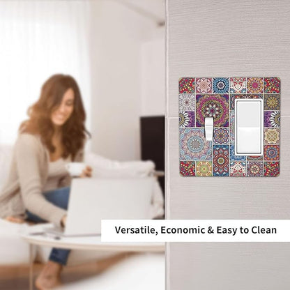 Morocco Talavera Mexican Tiles Printed Colroful Mandala 2 Gang Single Toggle Rocker Combination Light Switch Covers Wall Plate Cover Electrical Faceplate Decorative Switchplate for Kitchen Bathroom