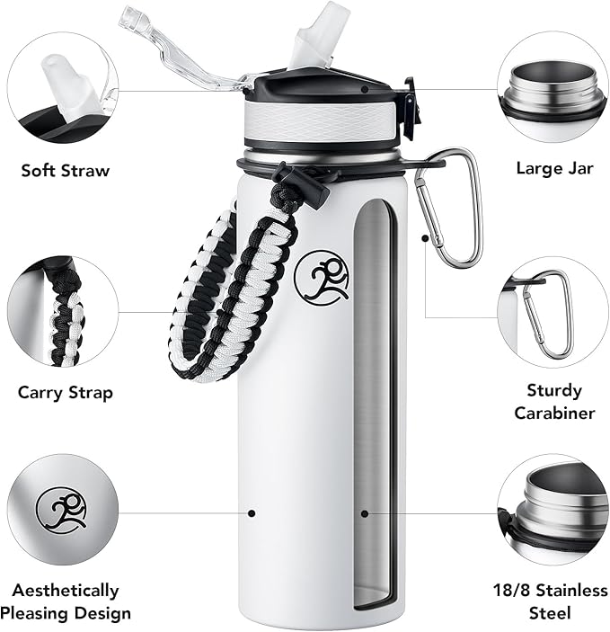 GOSWAG Insulated Sports Water Bottle, 24oz 2 Lids(with Straw/No Straw), Stainless Steel Water Bottles with Paracord Handle, Insulated Thermos with Double-Wall Vacuum Insulation