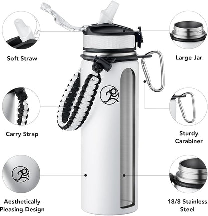 GOSWAG Insulated Sports Water Bottle, 24oz 2 Lids(with Straw/No Straw), Stainless Steel Water Bottles with Paracord Handle, Insulated Thermos with Double-Wall Vacuum Insulation