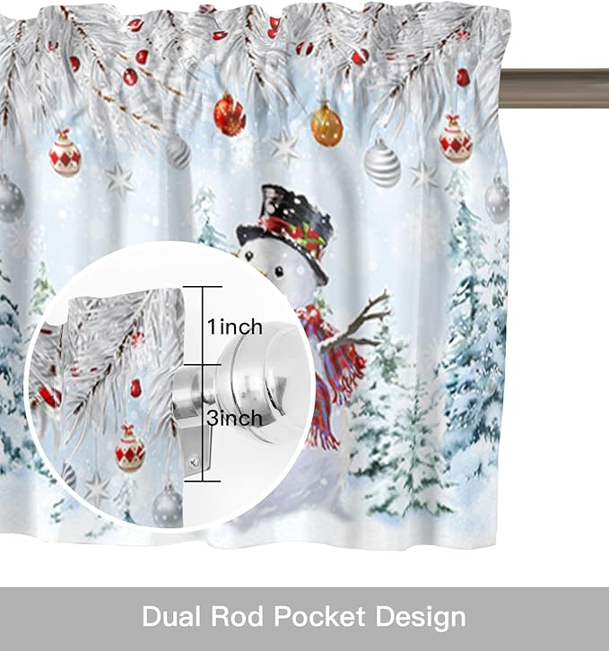 Snowman Kitchen Curtains and Valances Set, Blue Merry Christmas Tree Red Balls Squirrel Windows Treatments Tiers Half/Short Curtains for Small Windows Cafe /Living Room/ Bedroom 54x36 in Winter