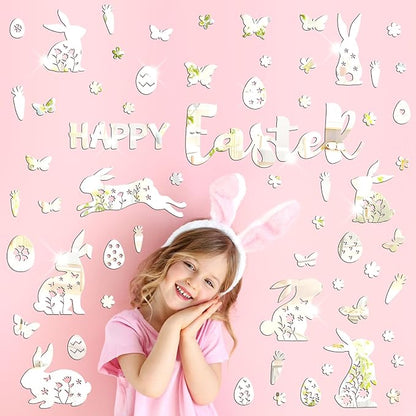 Easter Wall Decor Happy Easter Eggs Bunny Flower Wall Decals 3D Acrylic Mirror Wall Stickers Peel and Stick Easter Floral Butterfly Wall Art Mural for Spring Kids Bedroom Party Supplies Decoration