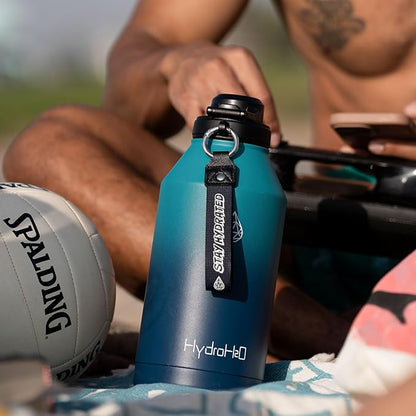 64 oz Insulated Water Bottle With Straw Pop-up & Auto Spout Lid, Flex Handel, Waterbottle Strap Carrier, Half Gallon Stainless Steel Water Hydro Jug Thermo Flask (Black)