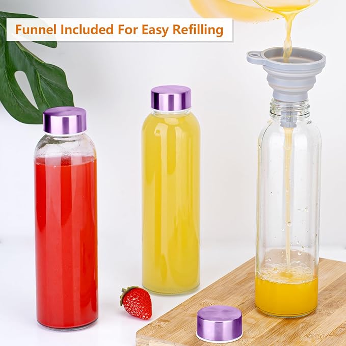 Glass Juice Bottles with Lids for Juicing 18 oz, Reusable Clear Glass Water Bottles with Stainless Steel Airtight Cap for Refrigerator, 100% Leak Proof, BPA Free, Set of 3, Pink