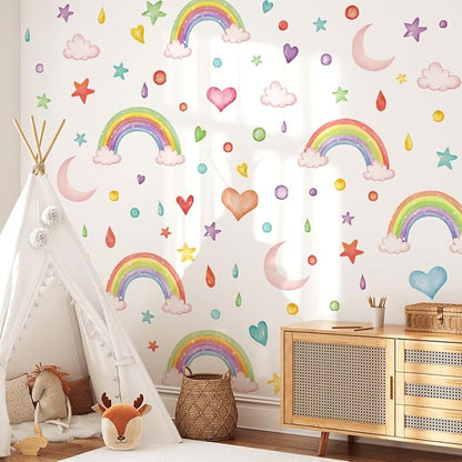 Watercolor Rainbow Wall Decor Stickers Small Rainbow Wall Decal Rainbow Heart Moon Wall Stickers for Girls Boys Baby Bedroom Nursery Wall Decor