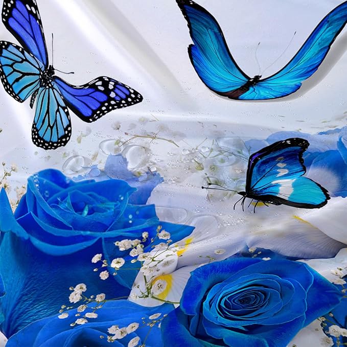 AILONEN Butterfly Shower Curtain for Girl Women,Blue Rose Shower Curtain Butterfly Floral Decor Bath Curtain 48" W*72" H Polyester Fabric Waterproof Bathroom Bathtub Curtain with 12 Hooks