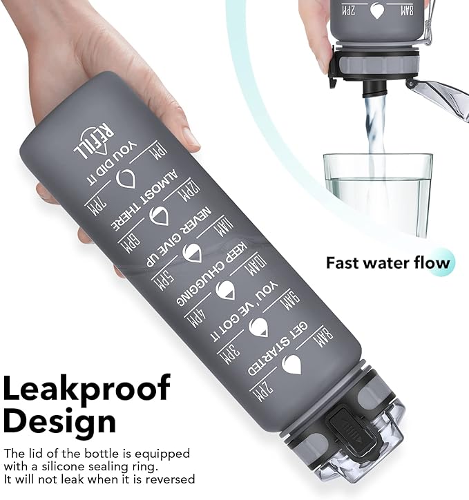 32oz Motivational Water Bottle with Time Marker & Fruit Strainer, Leak-proof BPA Free Non-Toxic 1l Bottle with Carrying Strap, Perfect for Fitness, Gym and Outdoor Sports (Graphite)