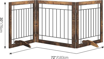 Folding No-Assembly Pet Gate 72" Wide, 30" Tall Wooden Dog Gate, Freestanding Wire Pet Gate, Pet Puppy Safety Fence, with 2PCS Support - Rustic Brown