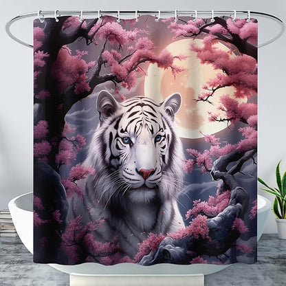 AILONEN Tiger Shower Curtains for Girls,Pink Flower White Tiger Bath Curtains for Bathroom Decor,Wild Animal Curtains Polyester Waterproof with 12 Plastic Hooks 60" W*72" H