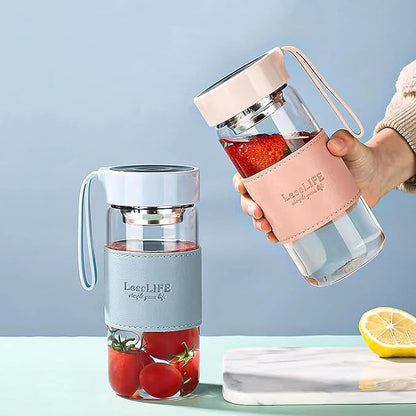 Snminetal 16 oz Borosilicate glass water bottle-with sealing cap and Holsters and filters Reusable Portable Glass drinking Bottle Apply to Make tea, coffee, office Go To School (Blue+Green)