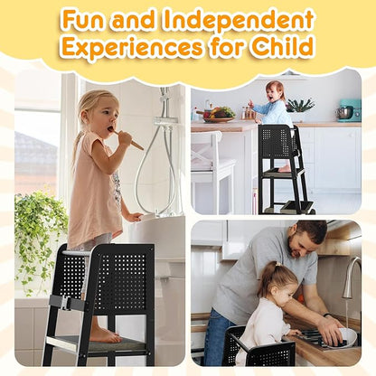 Kitchen Step Stool for Kids, Learning Tower for Toddlers 1-3, Kitchen Tower with Anti-Slip Mat and Adjustable Stand, Wood Metal Standing Stool for Counter, Light Brown and Black