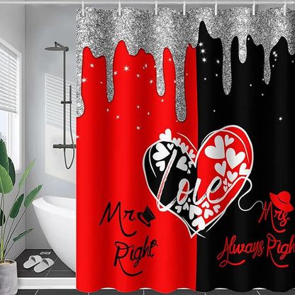 AILONEN Mr Mrs Black and Red Shower Curtain,Love Hearts Pattern Mr Right Mrs Always Right Theme Bath Curtain,Modern Print Decoration Waterproof Shower Curtain with 12 Plastic Hooks, 72" W*84" H