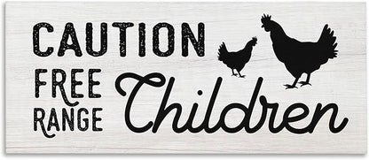 Stupell Industries Caution Free Range Children Sign Family Farm Birds, Designed by Daphne Polselli Canvas Wall Art, 24x10, Off- White