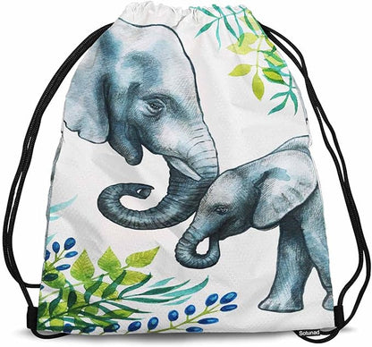 Elephants Drawstring Bags Sports Bag Two Elephants Of Mother and with Branch Draw String Back Bag Men Women Adults 14x16.9 Inch