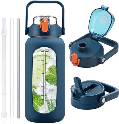 64 oz Glass Water Bottle with Straw and 2 Lids, Half Gallon Water Bottle with Sleeve, Large Insulated 2 Liter Glass Water Jug Time Marker with Handle - Dark Blue