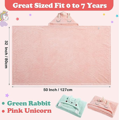 2 Pcs Toddler Hooded Bath Towel 50" x 32'' Thick Animal Hooded Towel for Kid Absorbent Baby Bath Towel Bathrobe Blanket for Boy Girls 0-5 Years(Pink, Green, Unicorn, Rabbit)