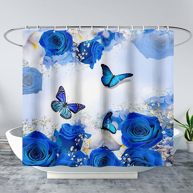 AILONEN Butterfly Shower Curtain for Girl Women,Blue Rose Shower Curtain Butterfly Floral Decor Bath Curtain 72" W*78" H Polyester Fabric Waterproof Bathroom Bathtub Curtain with 12 Hooks