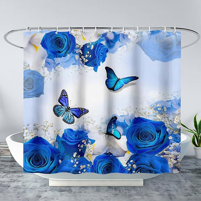 AILONEN Butterfly Shower Curtain for Girl Women,Blue Rose Shower Curtain Butterfly Floral Decor Bath Curtain 72" W*84" H Polyester Fabric Waterproof Bathroom Bathtub Curtain with 12 Hooks