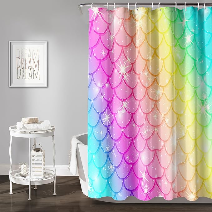 AILONEN Mermaid Scale Shower Curtain,Rainbow Mermaid Scale Bath Curtain Gifts for Girls,Polyester Waterproof for Bathroom with 12 Plastic Hooks 72" W*96" H