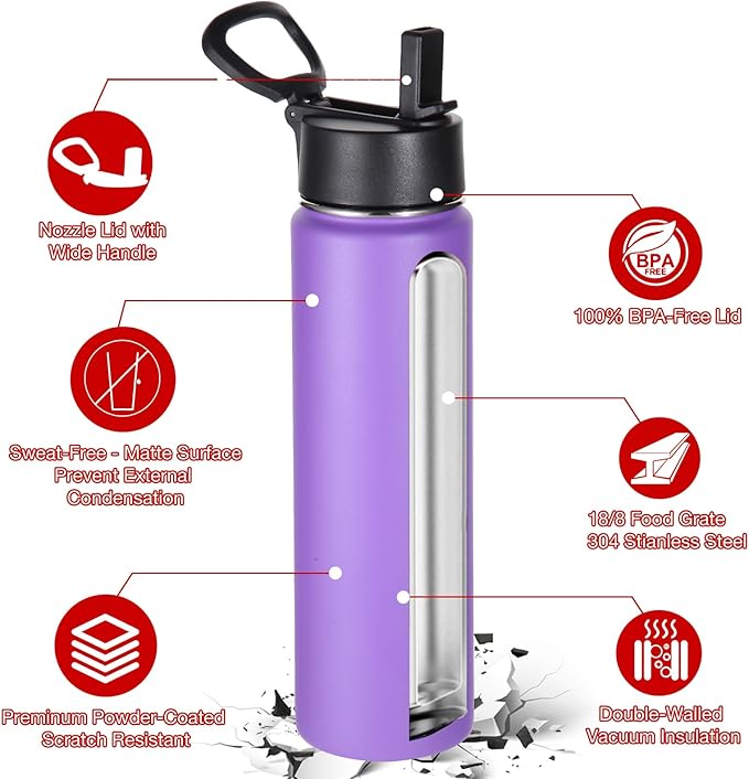 Volhoply 24oz Insulated Water Bottle With Straw Bulk 8 Pack,Metal Wide Mouth Water Bottles With Handle Lid Keep Cold,Reusable Double Wall Thermos,Powder Coated Sport Bottle For Holder(Purple,8 Count)