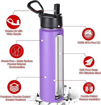 Volhoply 24oz Insulated Water Bottle With Straw Bulk 8 Pack,Metal Wide Mouth Water Bottles With Handle Lid Keep Cold,Reusable Double Wall Thermos,Powder Coated Sport Bottle For Holder(Purple,8 Count)