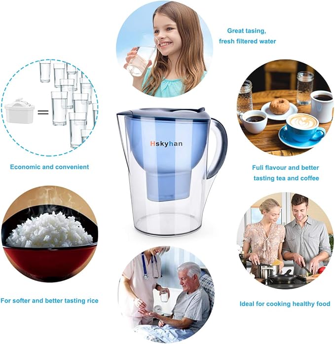Alkaline Water Filter Pitcher - 3.5 Liters Improve PH, 2 Filters Included, BPA Free, 7 Stage Filteration System to Purify, Blue