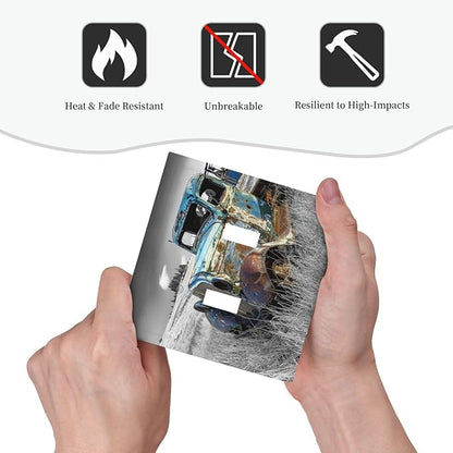 Vintage Country Old Blue Truck Double Toggle Light Switch Cover Decorative Rustic Automobile 2 Gang Wall Plate Electrical Faceplate Switchplate for Bathroom Bedroom Living Room Decor