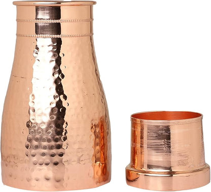 AAYUVEDA® Hammered Pure Copper Bedroom Water Bottle 34oz, with In-Built Tumbler (Loose Lid, Pack of 1)