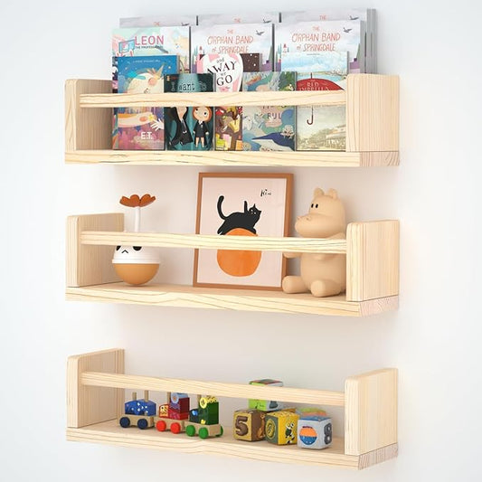 Nursery Floating Shelves for Kids Room, Set of 3 Wall Book Shelves for Kitchen Living Room, Book Shelf Wall Mounted for Baby Kids Bedoom Bathroom (nature, 16inch set 3)